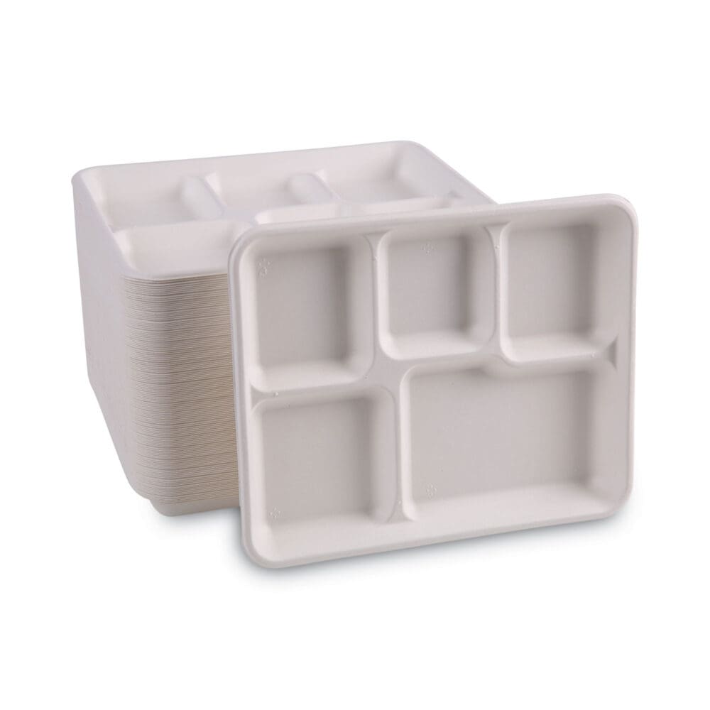 Bagasse Dinnerware, 5-Compartment Tray, 10 x 8, White, 500/Carton - Image 4