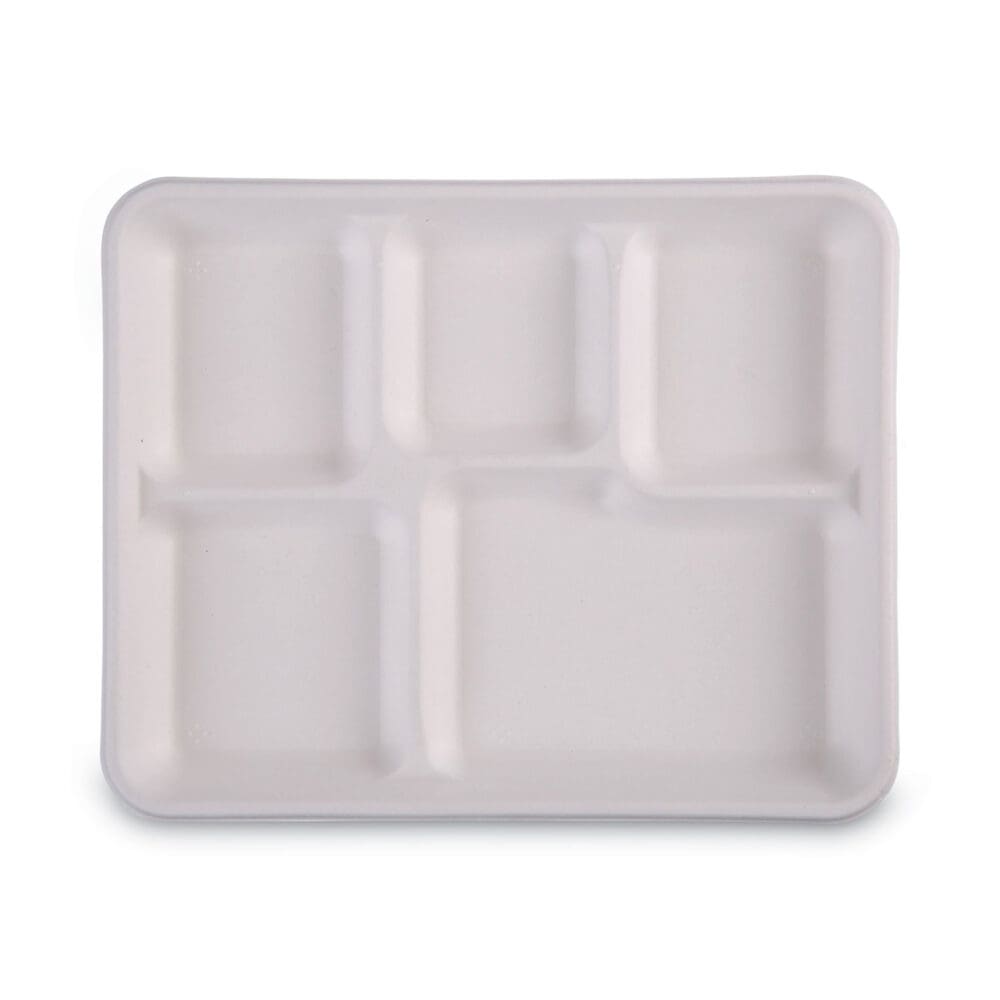 Bagasse Dinnerware, 5-Compartment Tray, 10 x 8, White, 500/Carton - Image 6