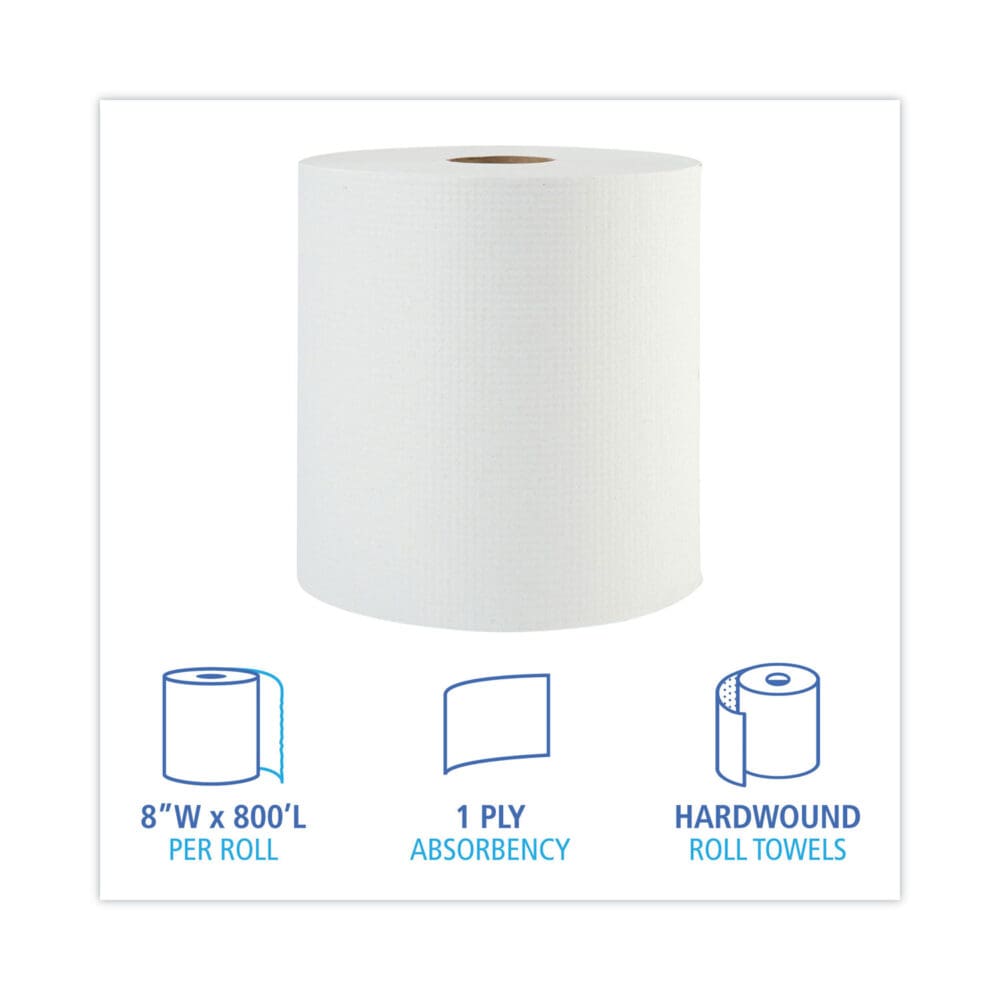 Hardwound Paper Towels, 1-Ply, 8" x 800 ft, White, 6 Rolls/Carton - Image 5
