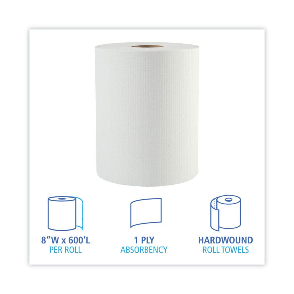 Hardwound Paper Towels, 1-Ply, 8" x 600 ft, White, 2" Core, 12 Rolls/Carton - Image 2