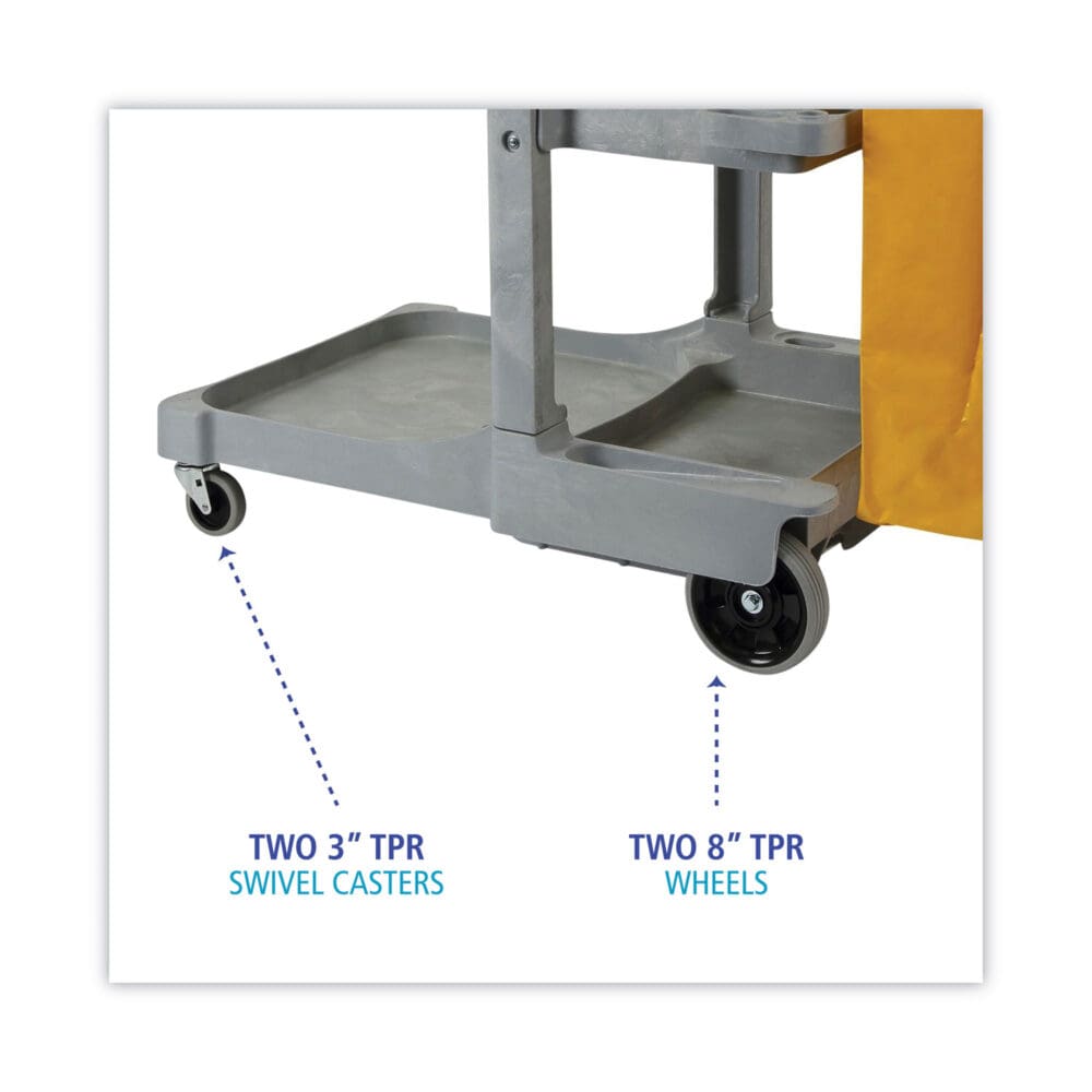 Janitor's Cart, Plastic, 4 Shelves, 1 Bin, 22" x 44" x 38", Gray - Image 3