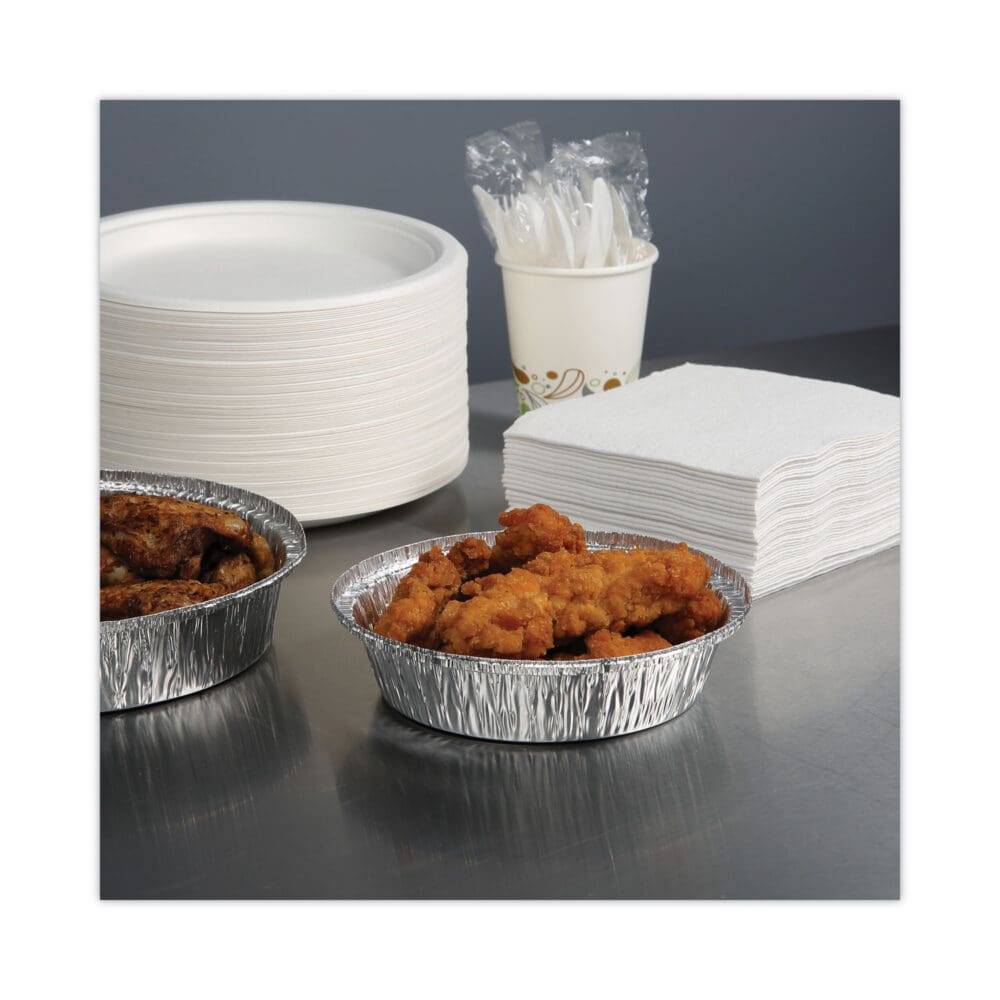 Round Aluminum To-Go Containers, 24 oz, 7" Diameter x 1.47"h, Silver, 500/Carton - Image 2