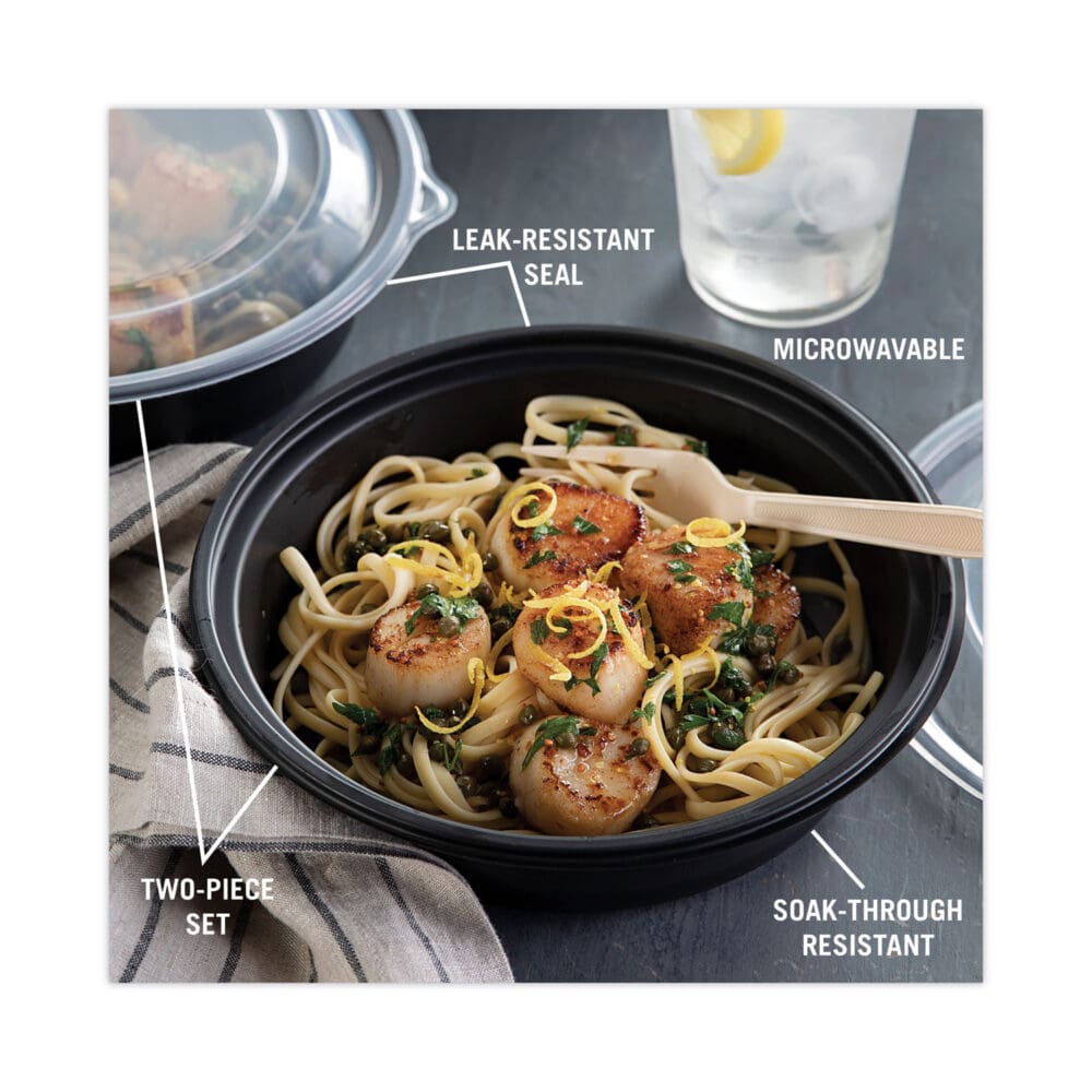 EarthChoice MealMaster Container with Lid, 32 oz, 8" dia x 2.12" h, 1-Compartment, Black/Clear, Plastic, 250/Carton - Image 2