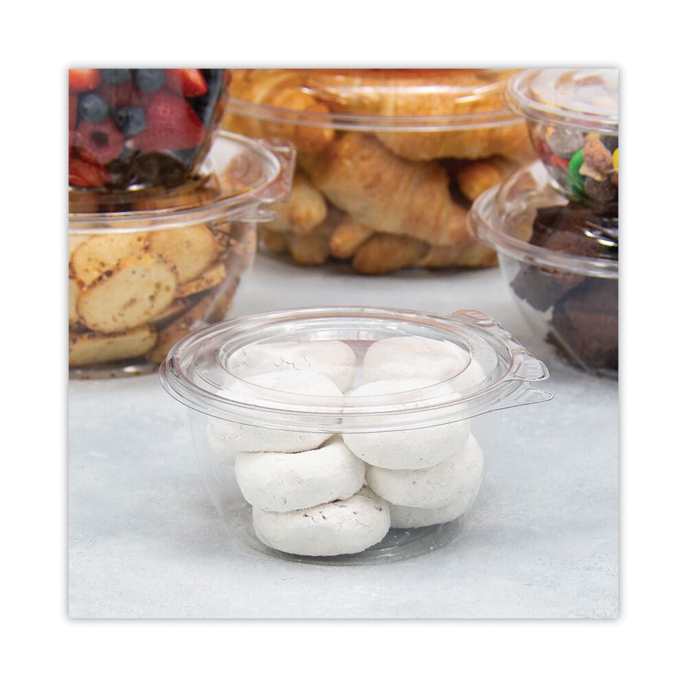 Tamper-Resistant, Tamper-Evident Bowls with Flat Lid, 16 oz, 5.5" Diameter x 2.7"h, Clear, Plastic, 240/Carton - Image 5