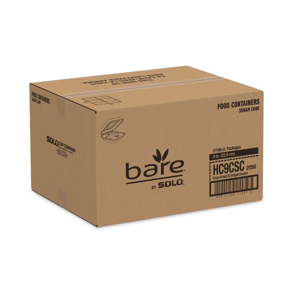 Bare Eco-Forward Bagasse Hinged Lid Containers, ProPlanet Seal, 3-Compartment, 9.6 x 9.4 x 3.2, Ivory, Sugarcane, 200/Carton - Image 4