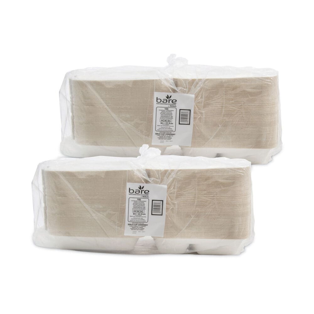Bare Eco-Forward Bagasse Hinged Lid Containers, ProPlanet Seal, 3-Compartment, 9.6 x 9.4 x 3.2, Ivory, Sugarcane, 200/Carton - Image 6