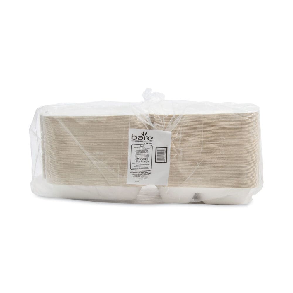 Bare Eco-Forward Bagasse Hinged Lid Containers, ProPlanet Seal, 3-Compartment, 9.6 x 9.4 x 3.2, Ivory, Sugarcane, 200/Carton - Image 5