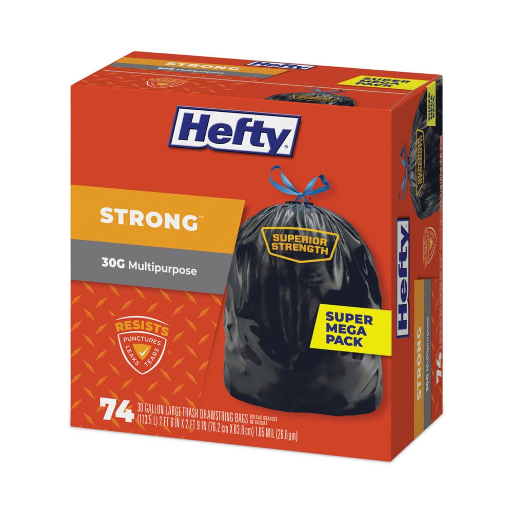 Strong Multipurpose Drawstring Trash Bags, 30 gal, 1.1 mil, 30" x 33", Black, 74/Box - Image 2