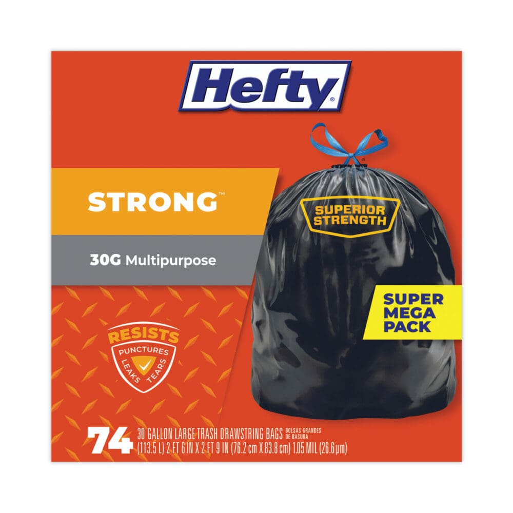 Strong Multipurpose Drawstring Trash Bags, 30 gal, 1.1 mil, 30" x 33", Black, 74/Box - Image 3