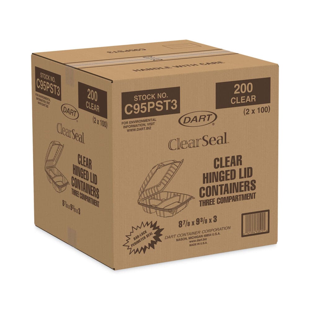 ClearSeal Hinged-Lid Plastic Containers, 3-Compartment, 9.4 x 8.9 x 3, Plastic, 100/Bag, 2 Bags/Carton - Image 2