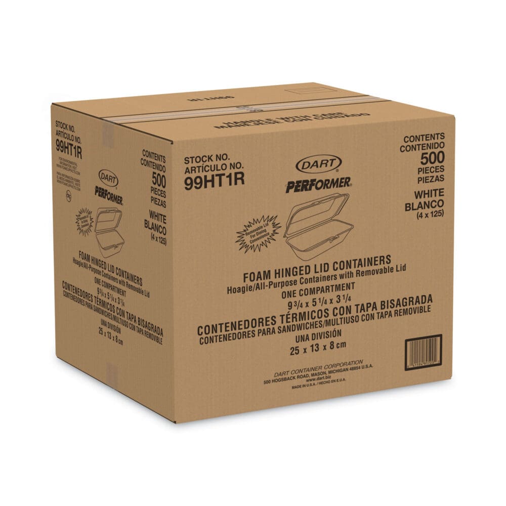 Foam Hinged Lid Container, Hoagie Container with Removable Lid, 5.3 x 9.8 x 3.3, White, 125/Bag, 4 Bags/Carton - Image 2