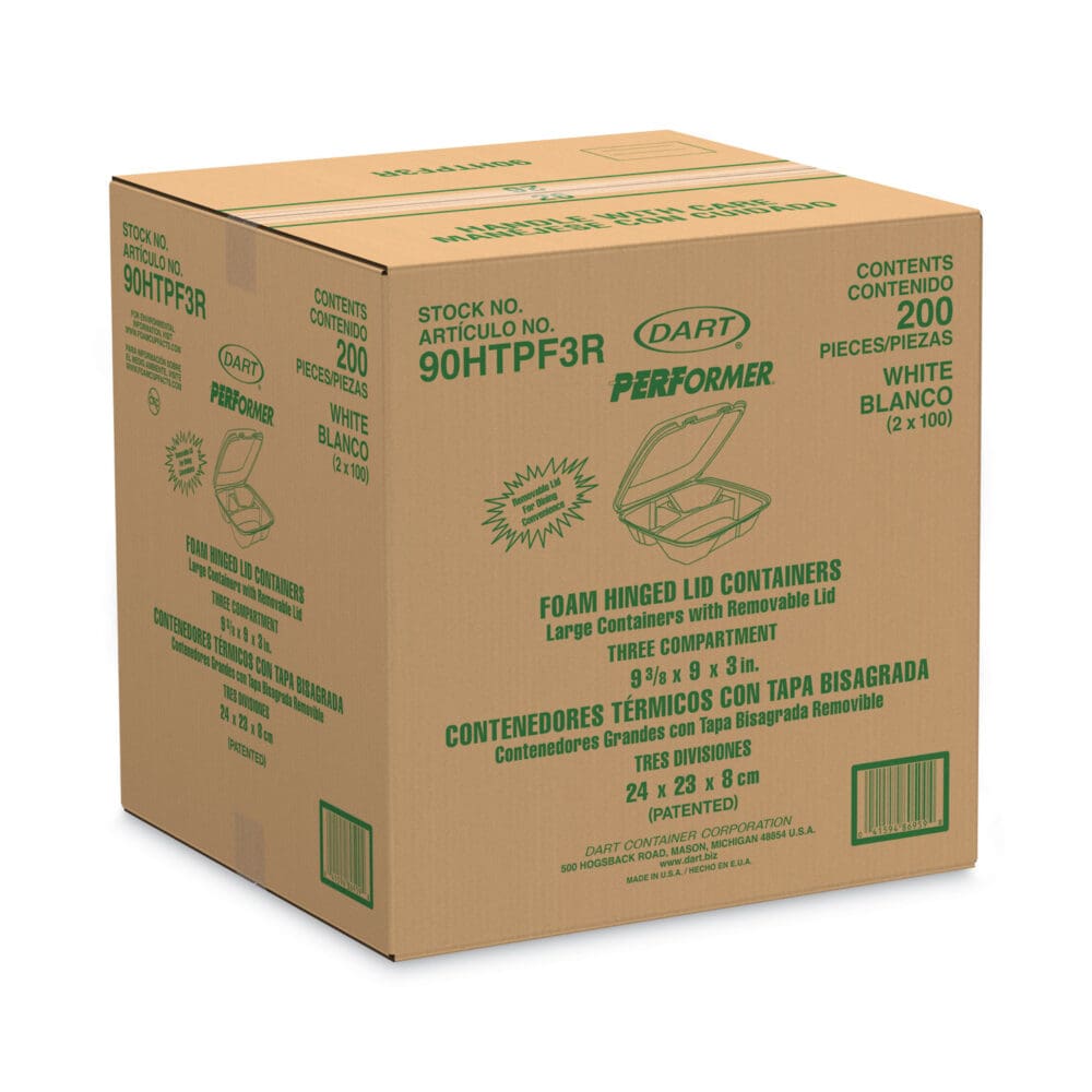 Foam Hinged Lid Container, Performer Perforated Lid, 3-Compartment, 9 x 9.4 x 3, White, 100/Bag, 2 Bag/Carton - Image 4
