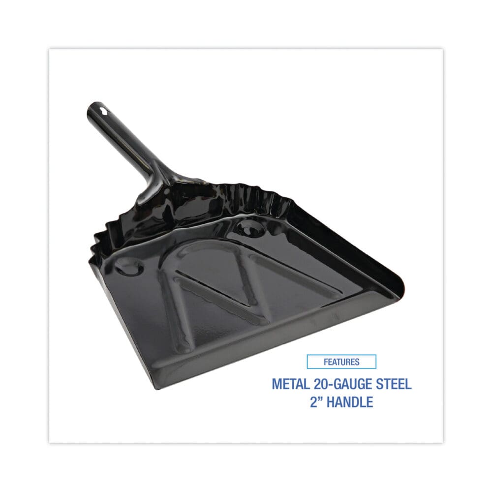 Metal Dust Pan, 12 x 14, 2" Handle, 20-Gauge Steel, Black, 12/Carton - Image 2