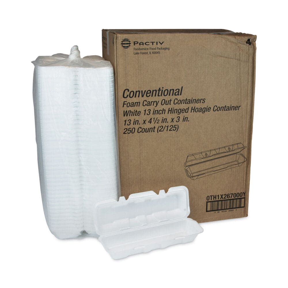 Foam Hinged Lid Containers, Dual Tab Lock Hoagie, 13 x 4 x 4, White, 250/Carton - Image 3