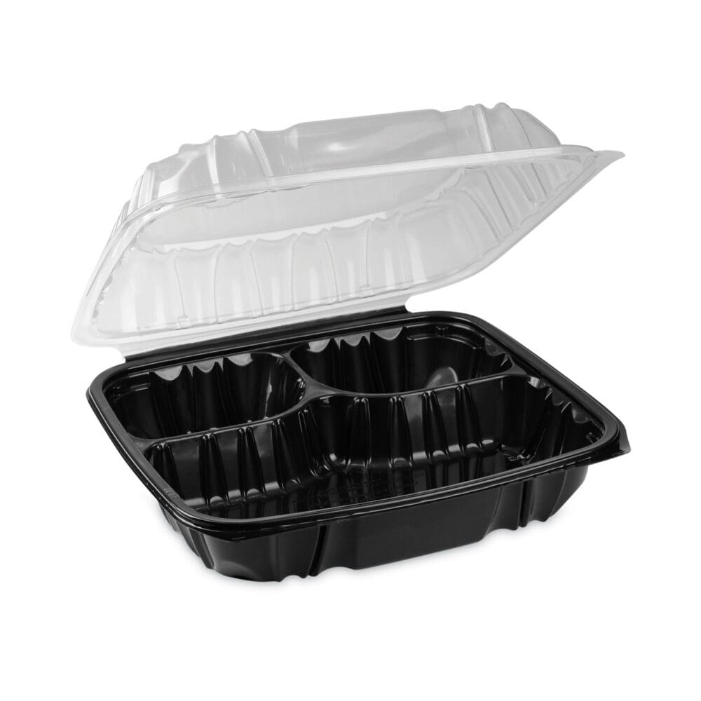 EarthChoice Vented Dual Color Microwavable Hinged Lid Container, 3-Compartment 34oz, 10.5x9.5x3, Black/Clear, Plastic, 132/CT - Image 4