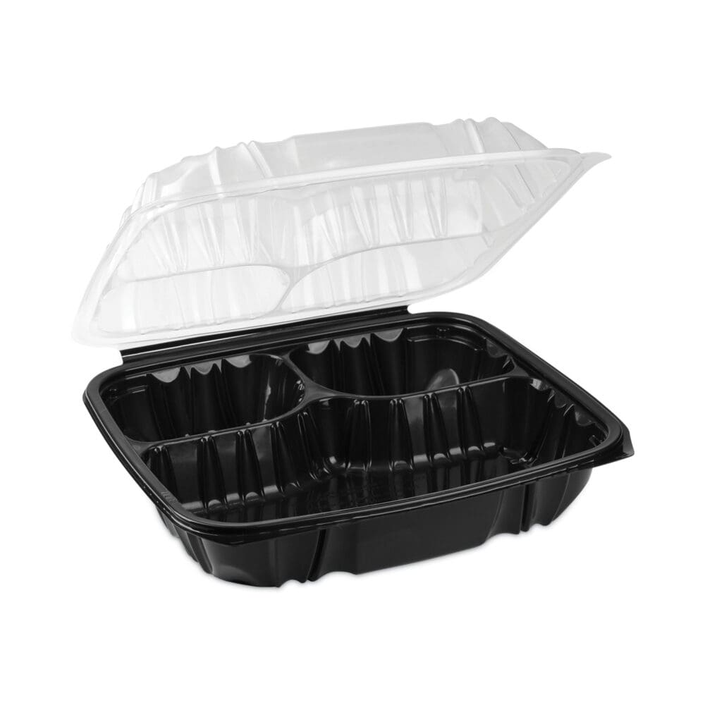 EarthChoice Vented Dual Color Microwavable Hinged Lid Container, 3-Comp Base/Lid, 34 oz, 10.5x9.5x3, Blk/Clr, Plastic, 132/CT - Image 8