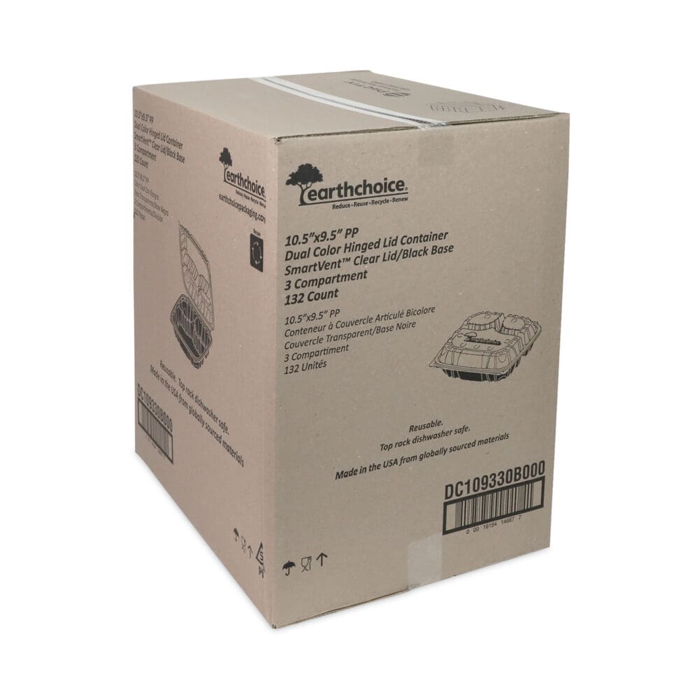 EarthChoice Vented Dual Color Microwavable Hinged Lid Container, 3-Comp Base/Lid, 34 oz, 10.5x9.5x3, Blk/Clr, Plastic, 132/CT - Image 2