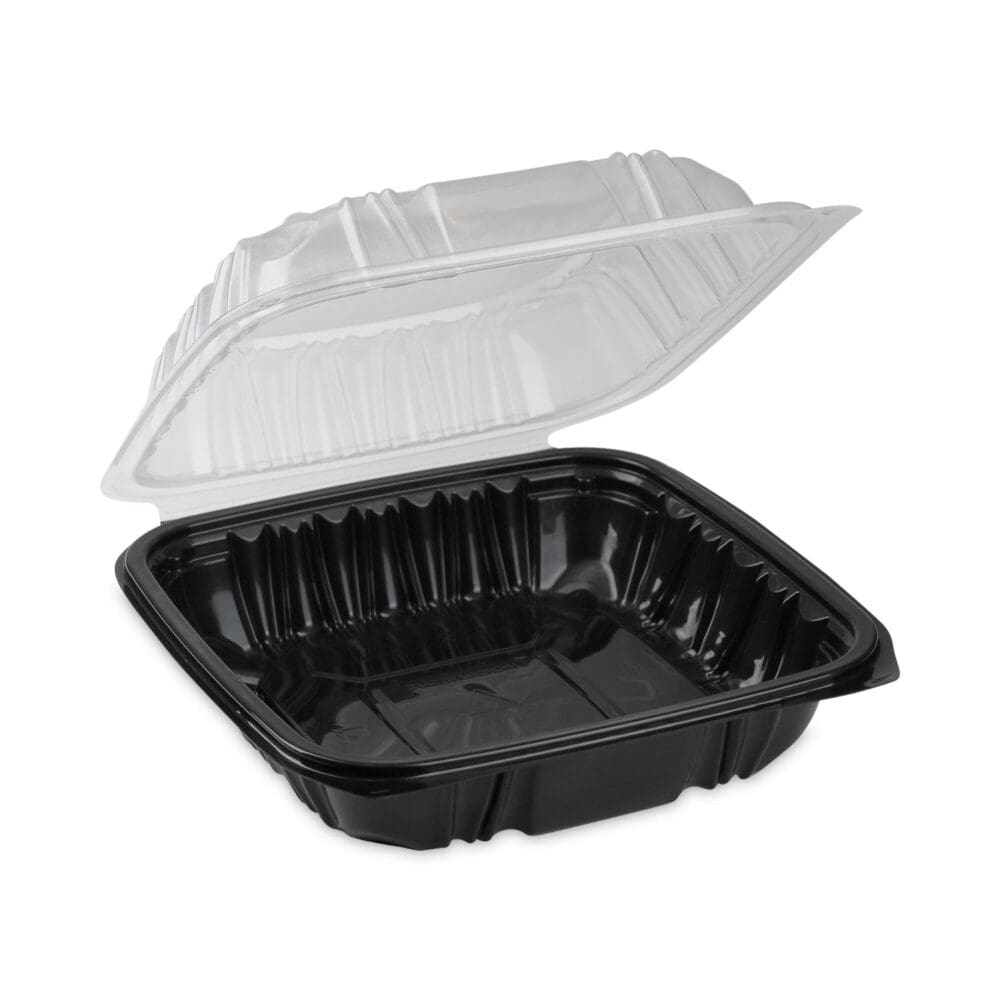 EarthChoice Vented Dual Color Microwavable Hinged Lid Container, 1-Compartment, 28oz, 7.5x7.5x3, Black/Clear, Plastic, 150/CT - Image 5
