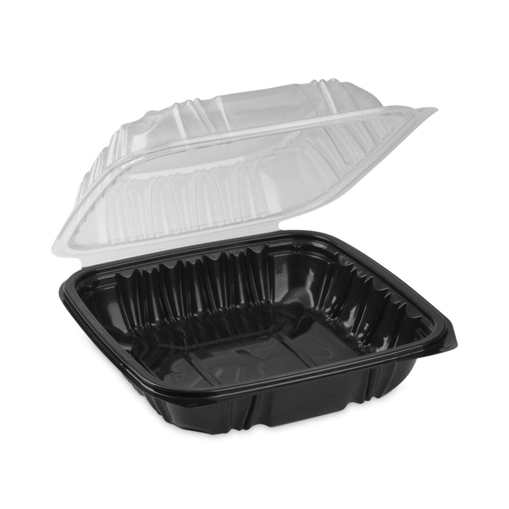 EarthChoice Vented Dual Color Microwavable Hinged Lid Container, 1-Compartment, 38oz, 8.5x8.5x3, Black/Clear, Plastic, 150/CT - Image 8