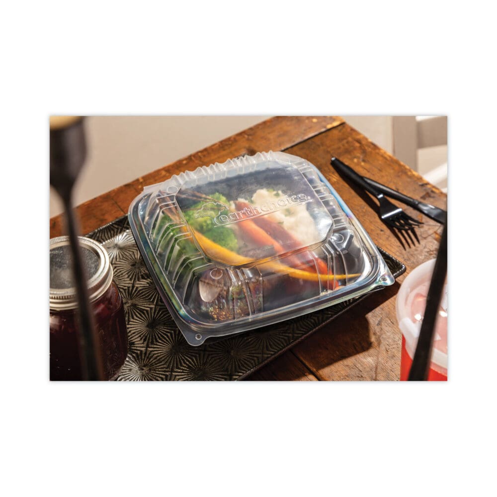 EarthChoice Vented Dual Color Microwavable Hinged Lid Container, 1-Compartment, 38oz, 8.5x8.5x3, Black/Clear, Plastic, 150/CT - Image 7