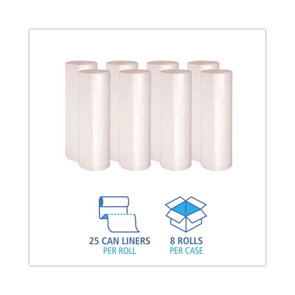High-Density Can Liners, 60 gal, 11 mic, 38" x 58", Natural, 25 Bags/Roll, 8 Rolls/Carton - Image 2