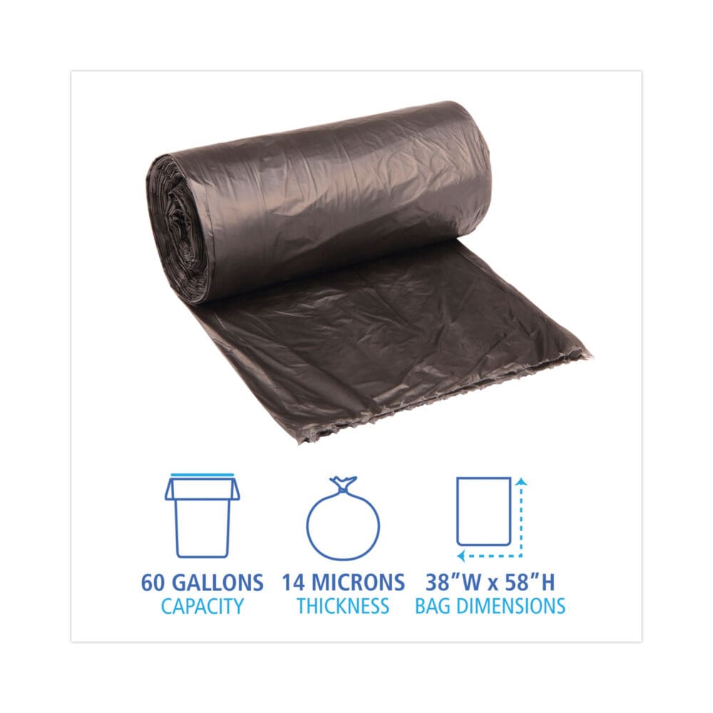 High-Density Can Liners, 60 gal, 14 mic, 38" x 58", Black, 25 Bags/Roll, 8 Rolls/Carton - Image 7