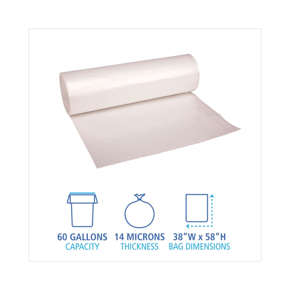 High-Density Can Liners, 60 gal, 14 mic, 38" x 58", Natural, 25 Bags/Roll, 8 Rolls/Carton - Image 7