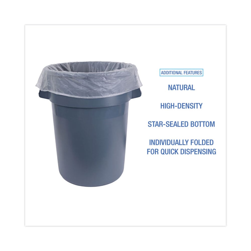 High Density Industrial Can Liners Flat Pack, 56 gal, 16 mic, 43 x 48, Natural, 200/Carton - Image 3