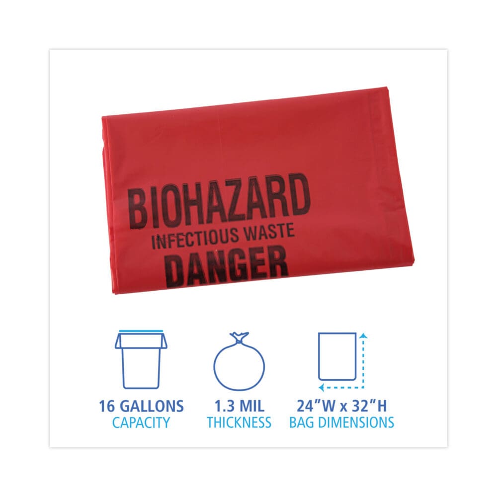 Linear Low Density Health Care Trash Can Liners, 16 gal, 1.3 mil, 24 x 32, Red, 250/Carton - Image 7