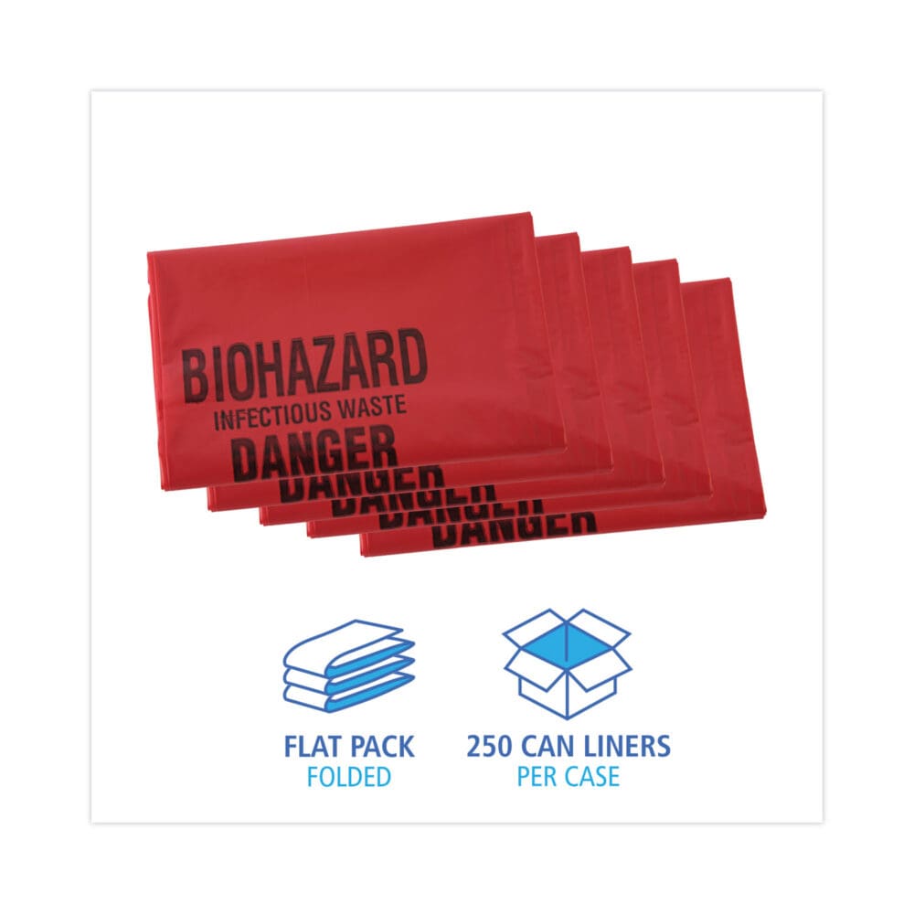 Linear Low Density Health Care Trash Can Liners, 16 gal, 1.3 mil, 24 x 32, Red, 250/Carton - Image 2