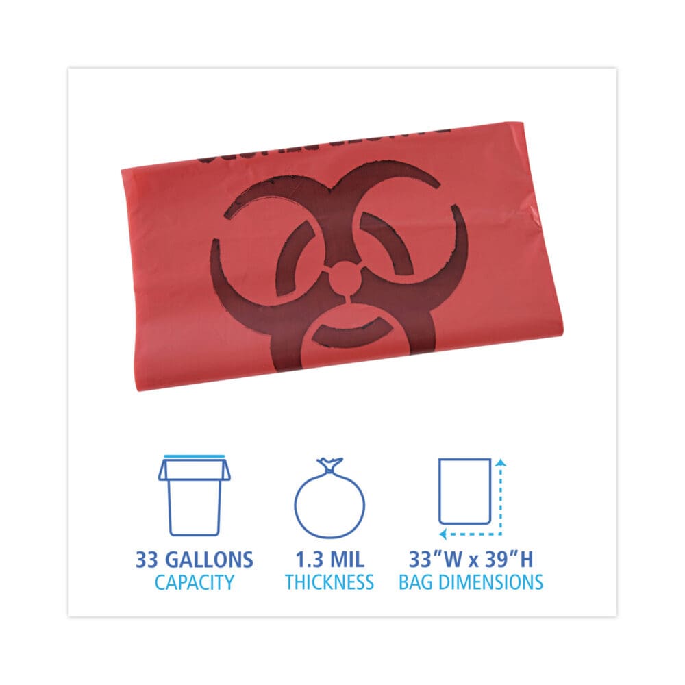 Linear Low Density Health Care Trash Can Liners, 33 gal, 1.3 mil, 33 x 39, Red, 150/Carton - Image 7