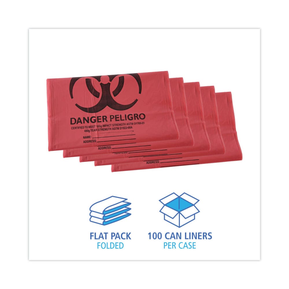 Linear Low Density Health Care Trash Can Liners, 45 gal, 1.3 mil, 40 x 46, Red, 100/Carton - Image 2