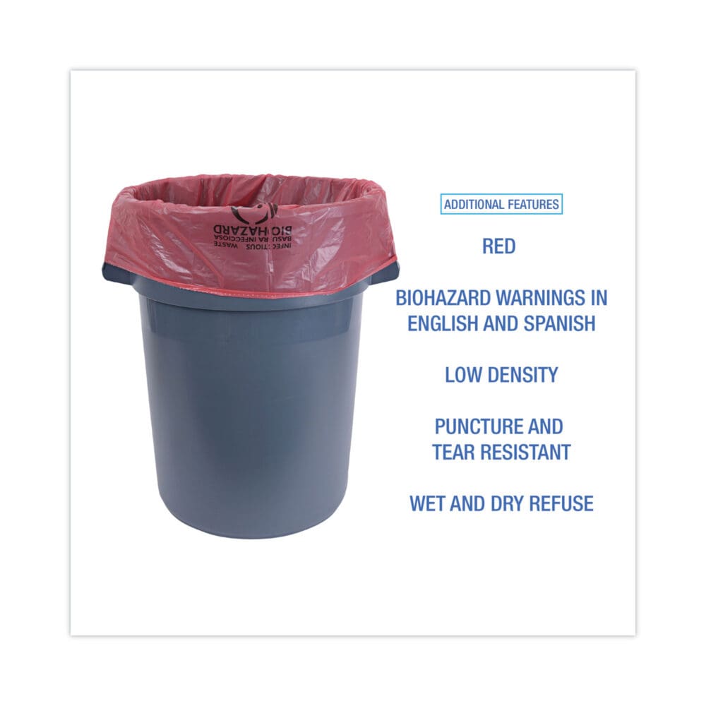 Linear Low Density Health Care Trash Can Liners, 45 gal, 1.3 mil, 40 x 46, Red, 100/Carton - Image 3