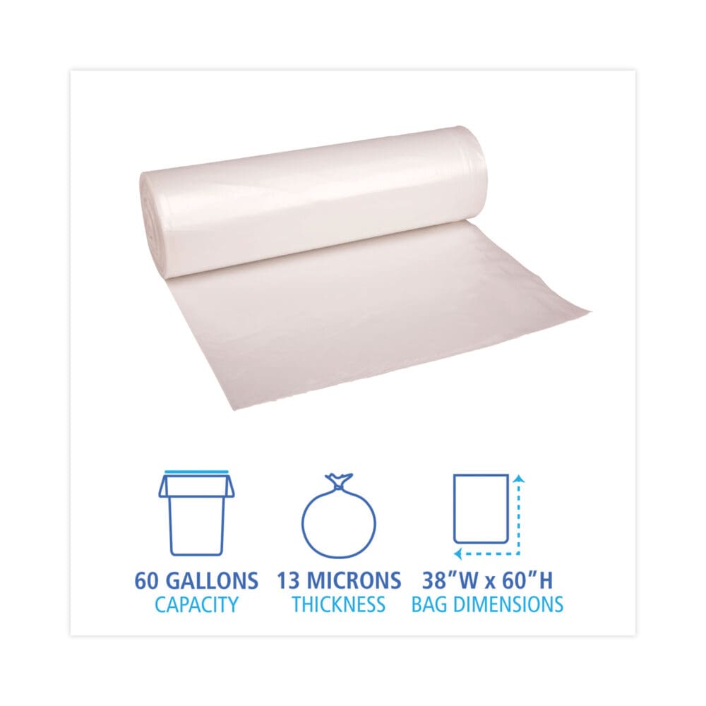 High Density Industrial Can Liners Coreless Rolls, 60 gal, 13 mic, 38 x 60, Natural, 25 Bags/Roll, 8 Rolls/Carton - Image 7