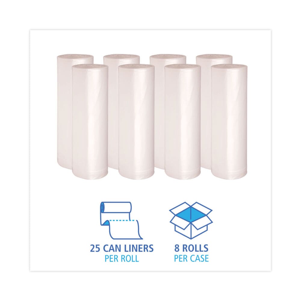 High Density Industrial Can Liners Coreless Rolls, 60 gal, 13 mic, 38 x 60, Natural, 25 Bags/Roll, 8 Rolls/Carton - Image 2