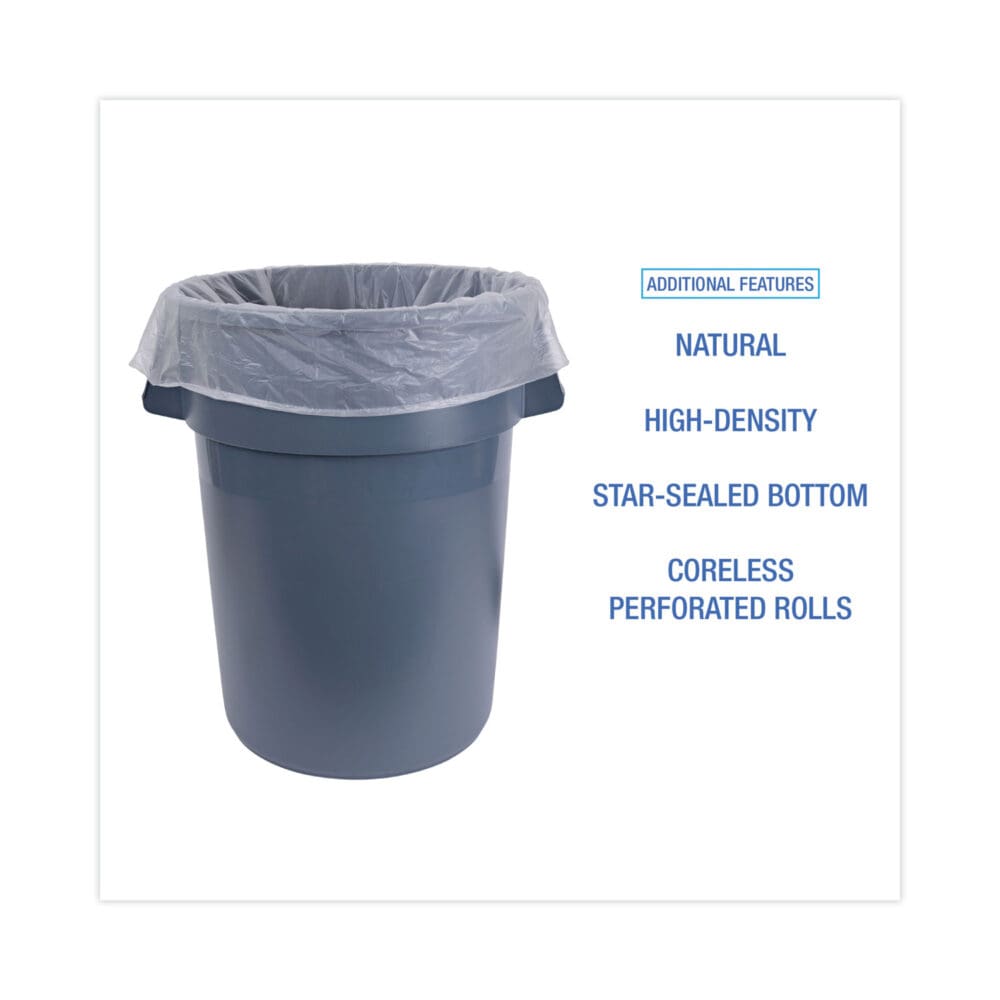 High Density Industrial Can Liners Coreless Rolls, 60 gal, 16 mic, 38 x 60, Natural, 25 Bags/Roll, 8 Rolls/Carton - Image 3