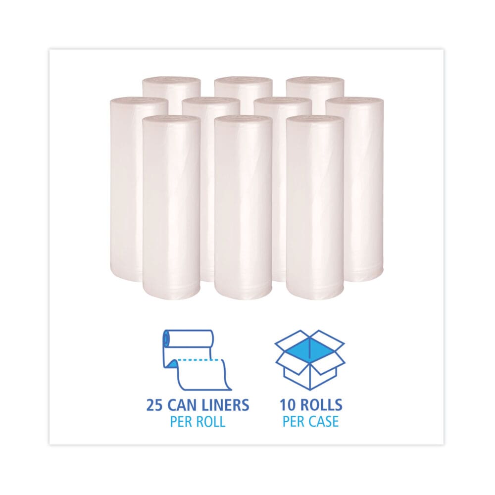 High Density Industrial Can Liners Coreless Rolls, 45 gal, 13 mic, 40 x 48, Natural, 25 Bags/Roll, 10 Rolls/Carton - Image 2