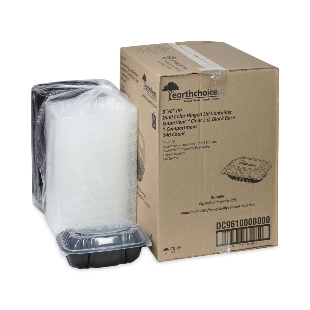 EarthChoice Vented Dual Color Microwavable Hinged Lid Container, 34oz, 9 x 6 x 3, 1-Compartment, Black/Clear, Plastic, 140/CT - Image 4