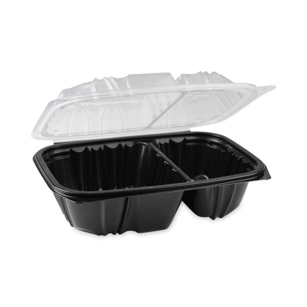 EarthChoice Vented Dual Color Microwavable Hinged Lid Container, 2-Compartment, 20 oz, 9x6x3, Black/Clear, Plastic, 140/CT - Image 4
