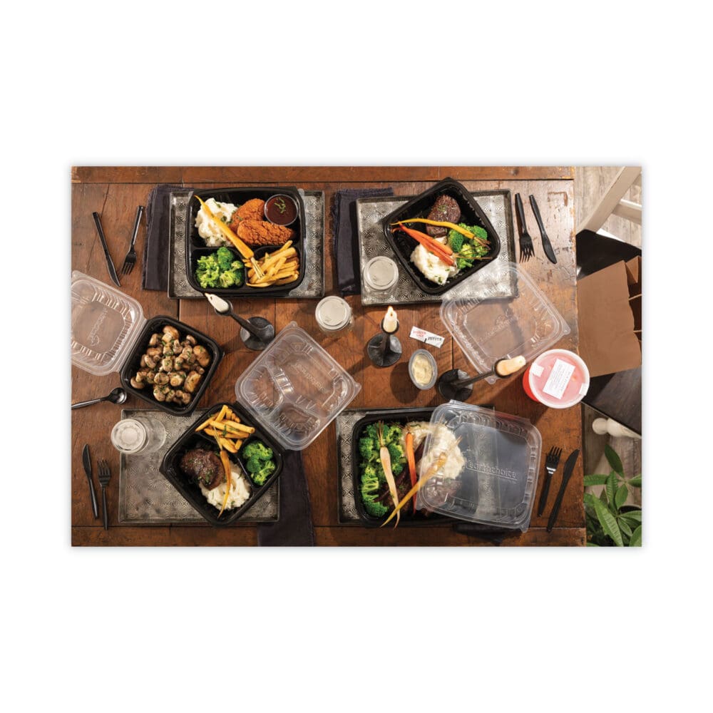 EarthChoice Vented Dual Color Microwavable Hinged Lid Container, 2-Compartment, 20 oz, 9x6x3, Black/Clear, Plastic, 140/CT - Image 2
