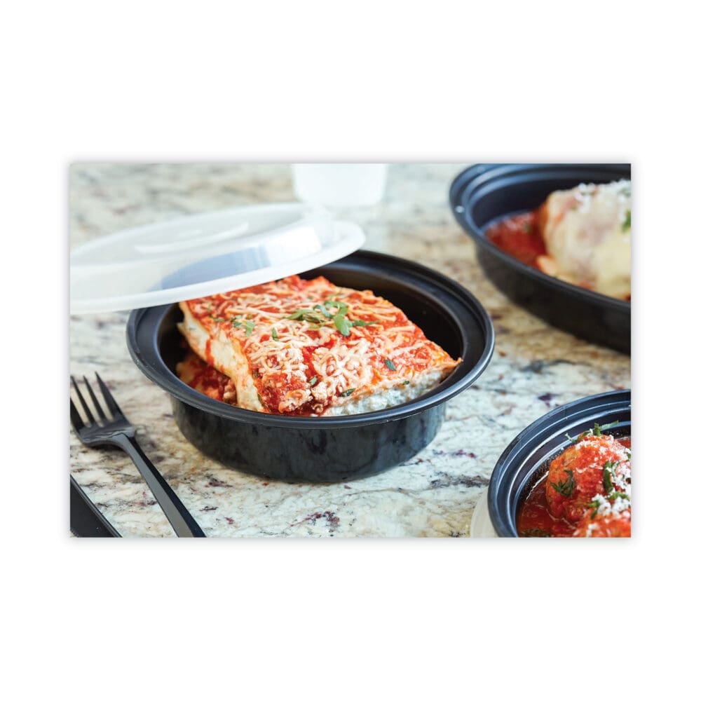 Newspring VERSAtainer Microwavable Containers, 16 oz, 6" Diameter, Black/Clear, Plastic, 150/Carton - Image 5
