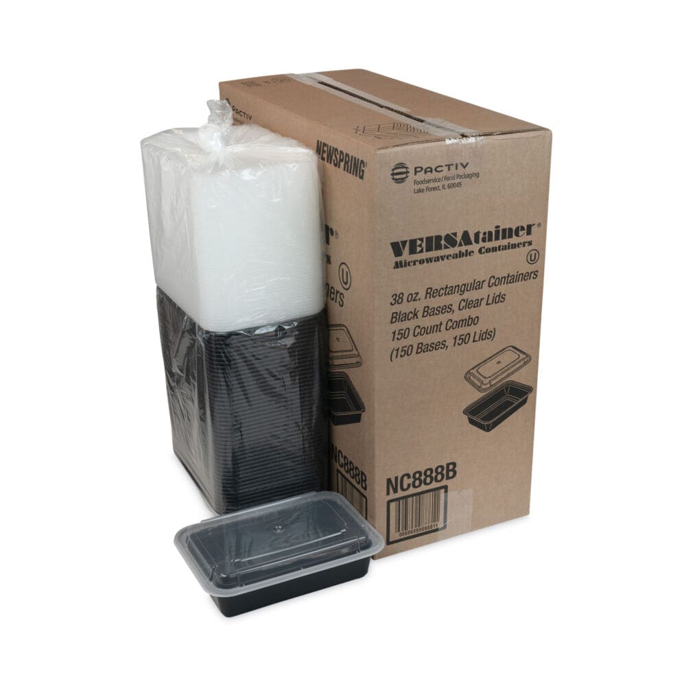Newspring VERSAtainer Microwavable Containers, 38 oz, 6 x 8.5 x 2, Black/Clear, Plastic, 150/Carton - Image 3