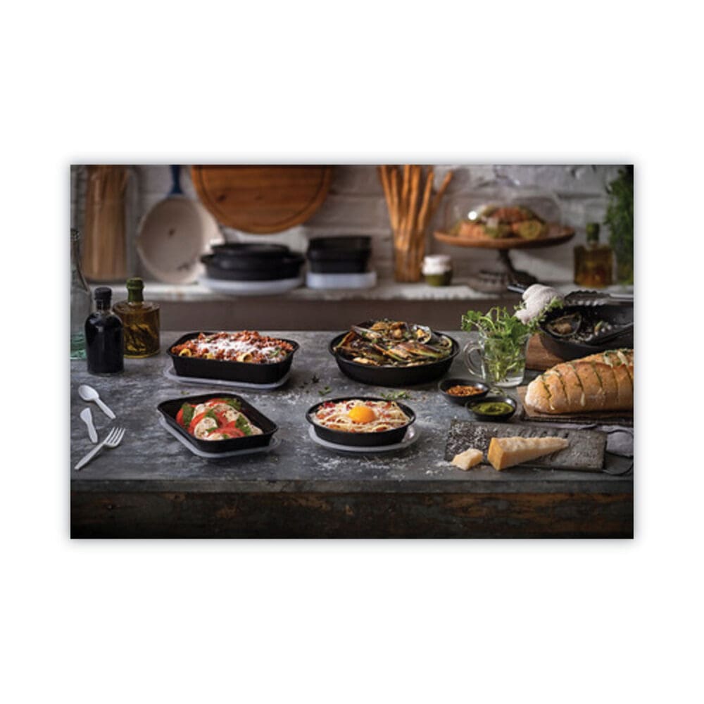 EarthChoice Versa2Go Microwaveable Container, 46 oz, 9 x 9 x 1.7, Black/Clear, Plastic, 150/Carton - Image 3