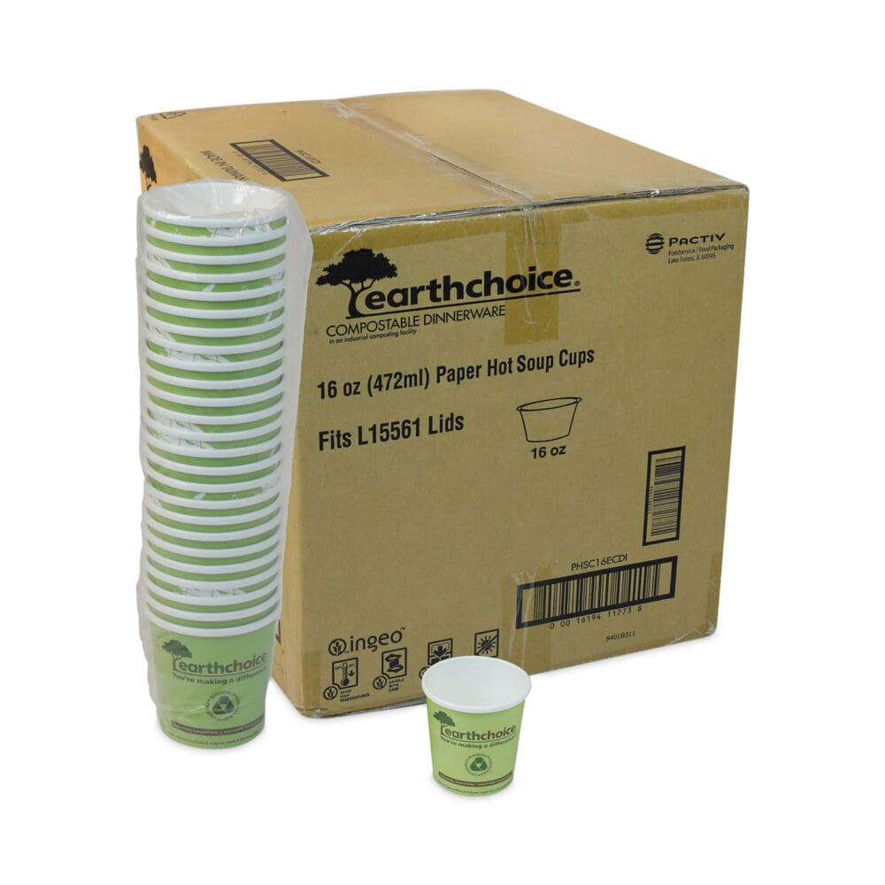 EarthChoice Compostable Soup Cup Large, 16 oz, 3.63" Diameter x 3.88"h, Green, Paper, 500/Carton - Image 3