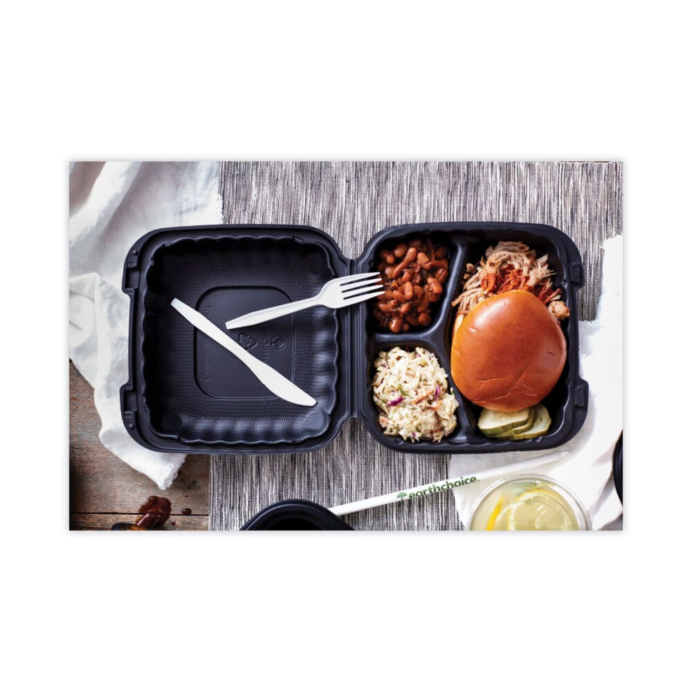 EarthChoice SmartLock Microwavable MFPP Hinged Lid Container, 3-Compartment, 8.3 x 8.3 x 3.4, Black, Plastic, 200/Carton - Image 5