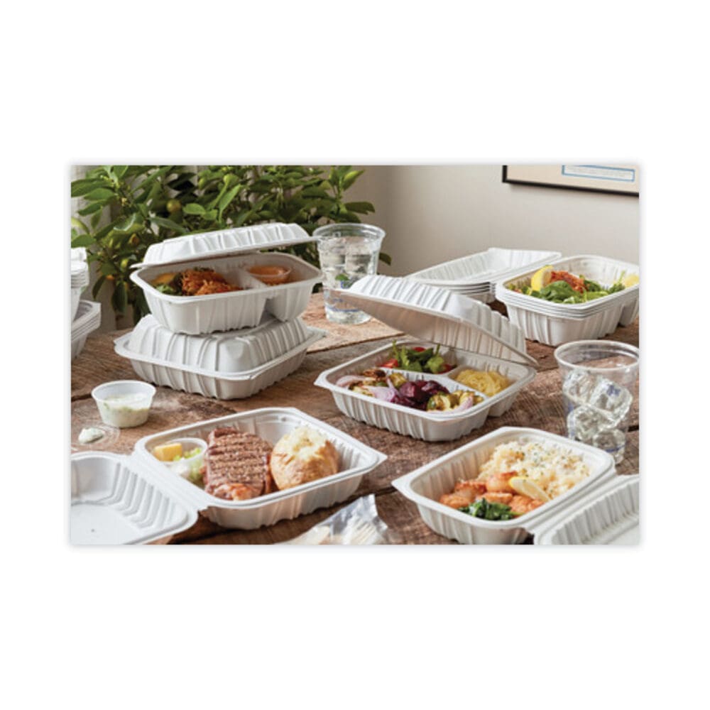 EarthChoice Vented Microwavable MFPP Hinged Lid Container, 8.5 x 8.5 x 3.1, White, Plastic, 146/Carton - Image 6