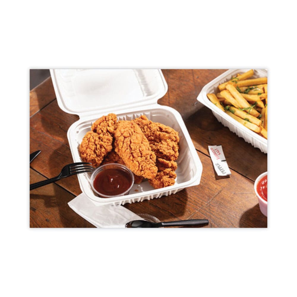 EarthChoice Vented Microwavable MFPP Hinged Lid Container, 8.5 x 8.5 x 3.1, White, Plastic, 146/Carton - Image 7