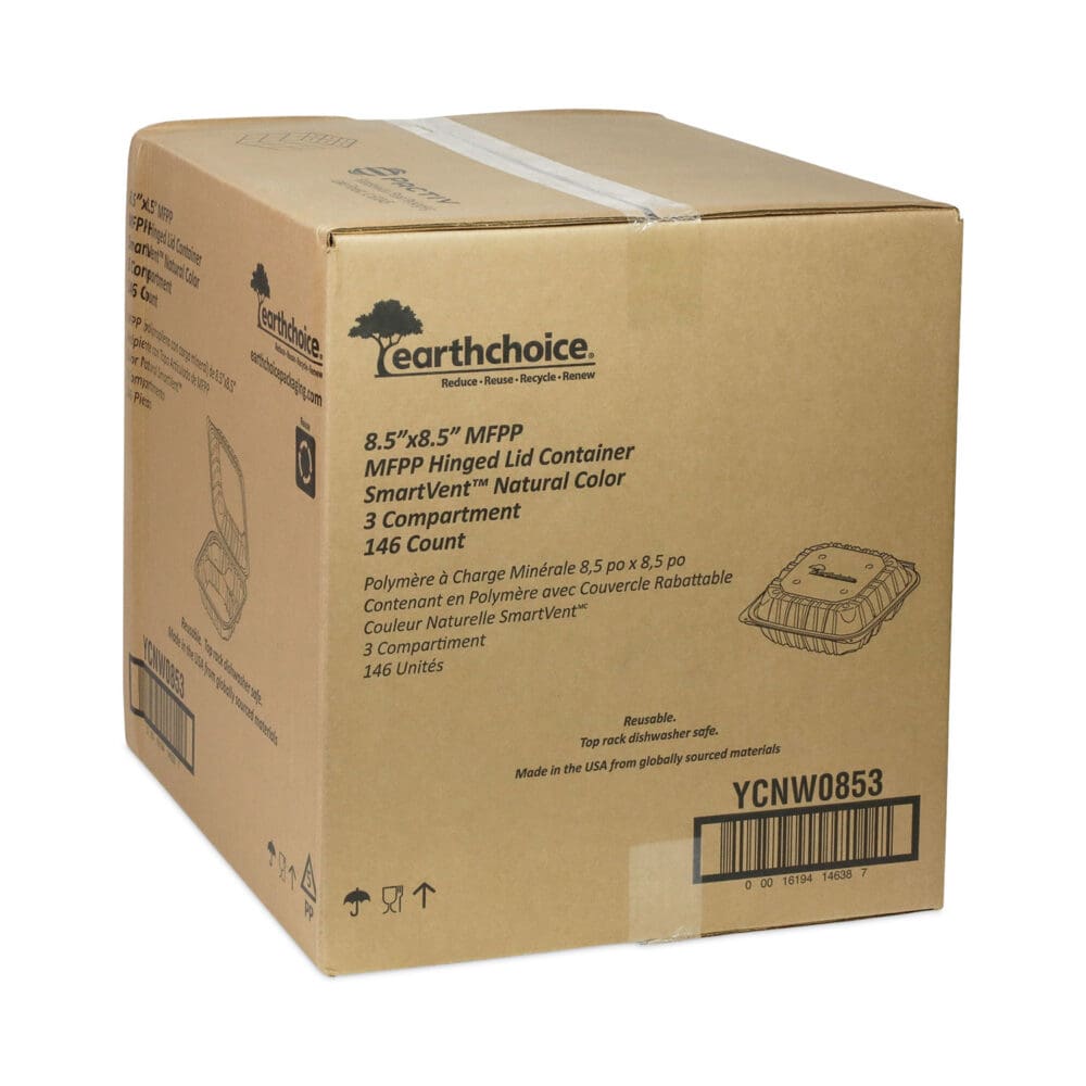 EarthChoice Vented Microwavable MFPP Hinged Lid Container, 3-Compartment, 8.5 x 8.5 x 3.1, White, Plastic, 146/Carton - Image 2