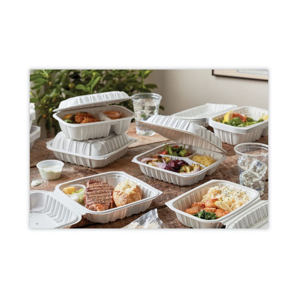 EarthChoice Vented Microwavable MFPP Hinged Lid Container, 3-Compartment, 8.5 x 8.5 x 3.1, White, Plastic, 146/Carton - Image 5