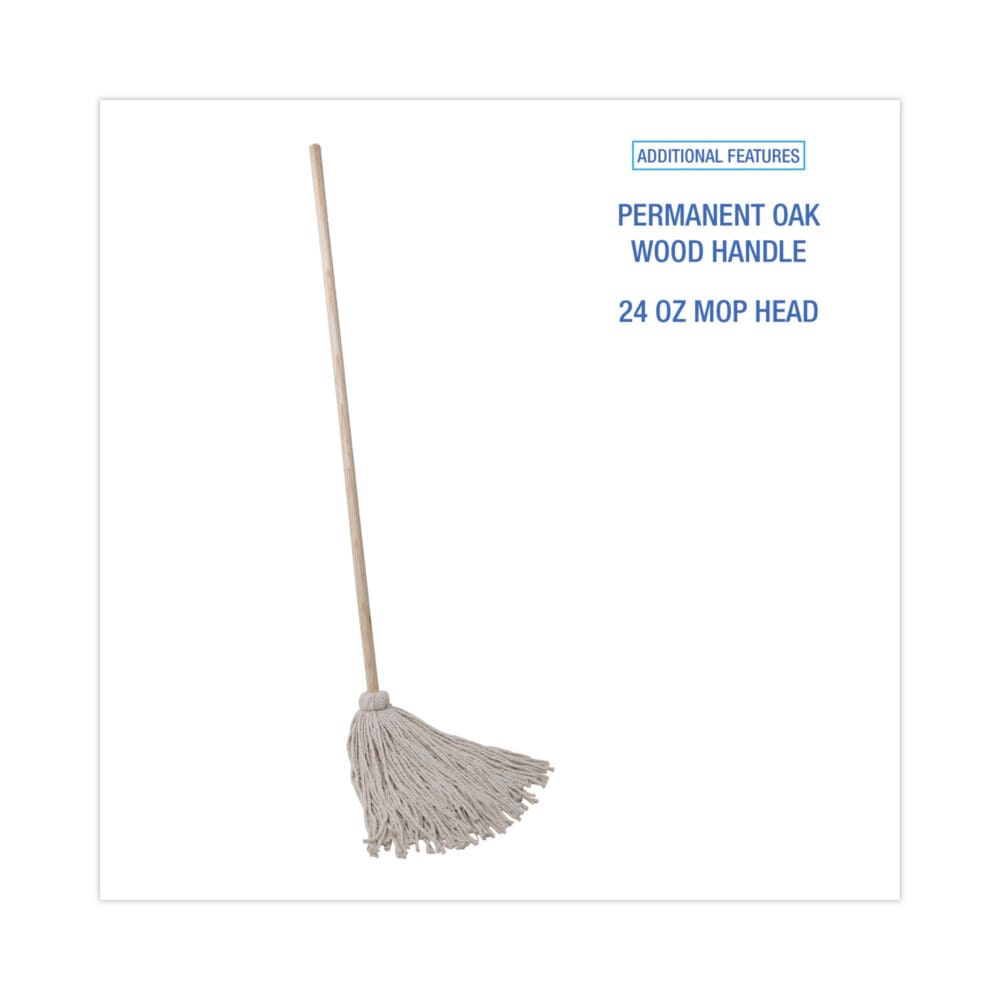 Handle/Deck Mops, #24 White Cotton Head, 54" Natural Wood Handle, 6/Pack - Image 2